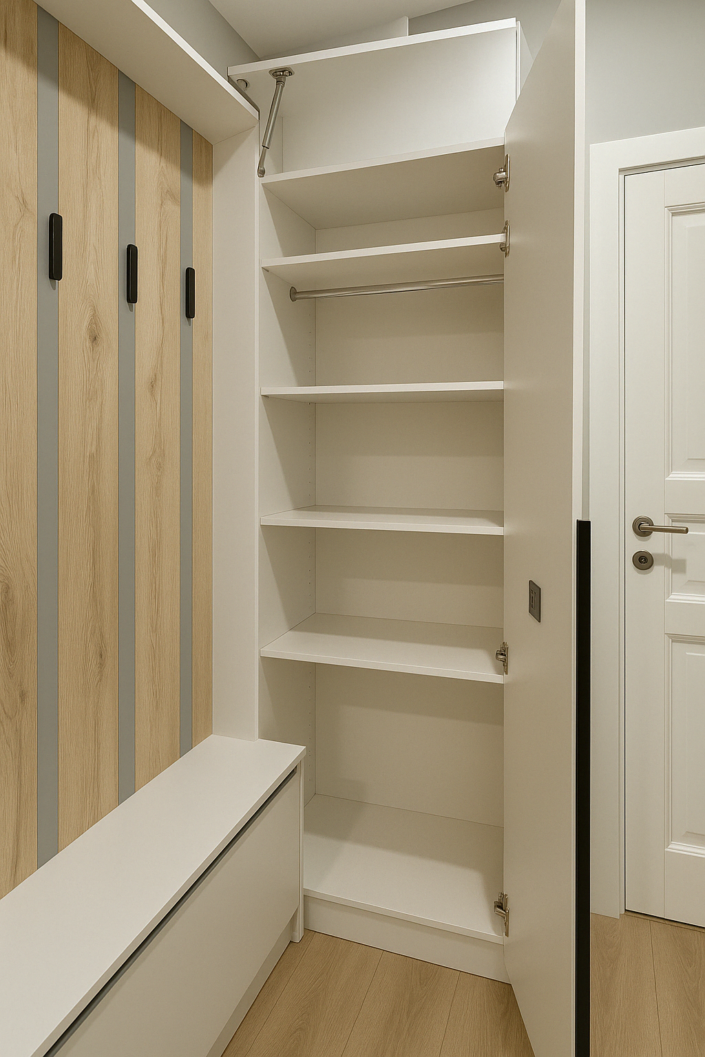 Прихожая с навесными шкафами до потолка, рейками-вешалкой и зеркалом